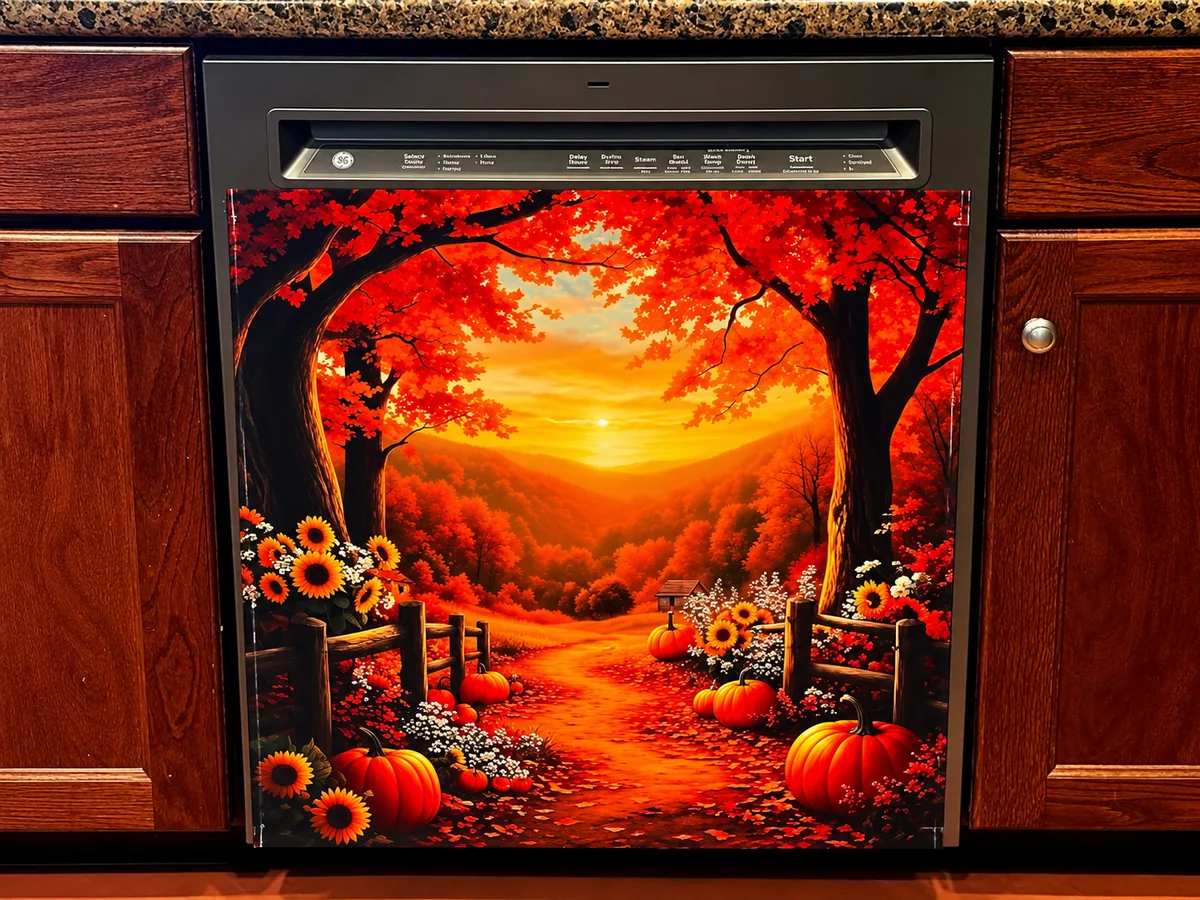 Fall autumn dishwasher cover with pumpkins, sunflowers and colorful landscape design