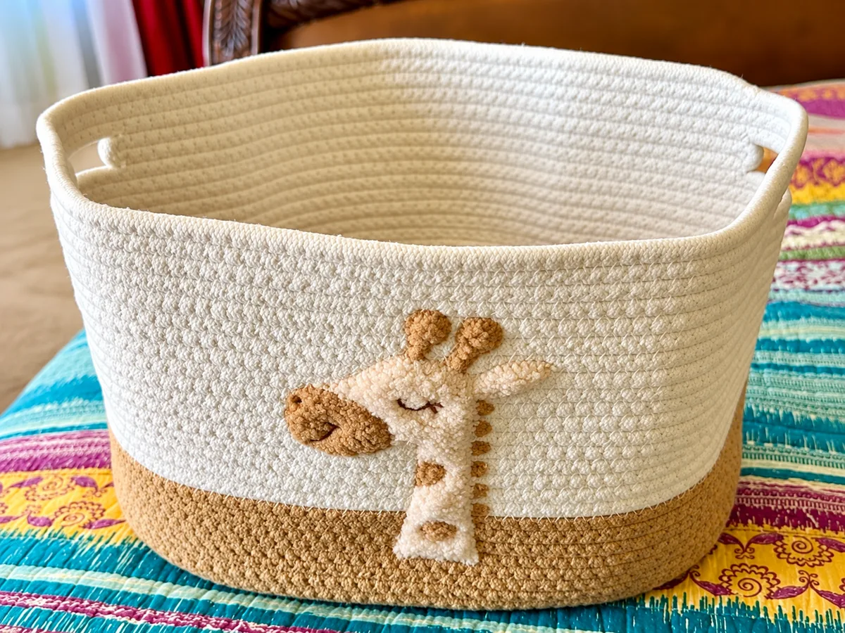 Woven rope storage basket with built-in handles and giraffe design