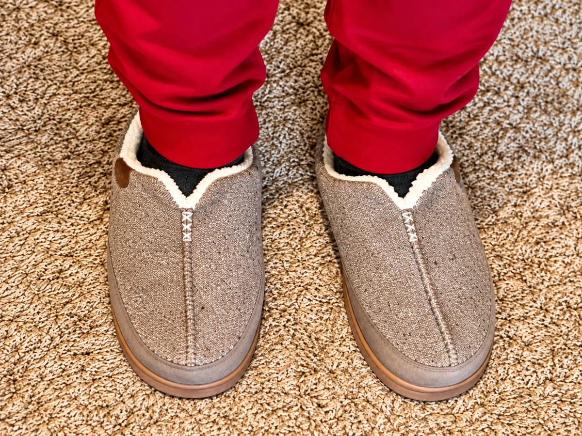 Men's cozy house slippers with fabric uppers, sherpa lining and sturdy soles