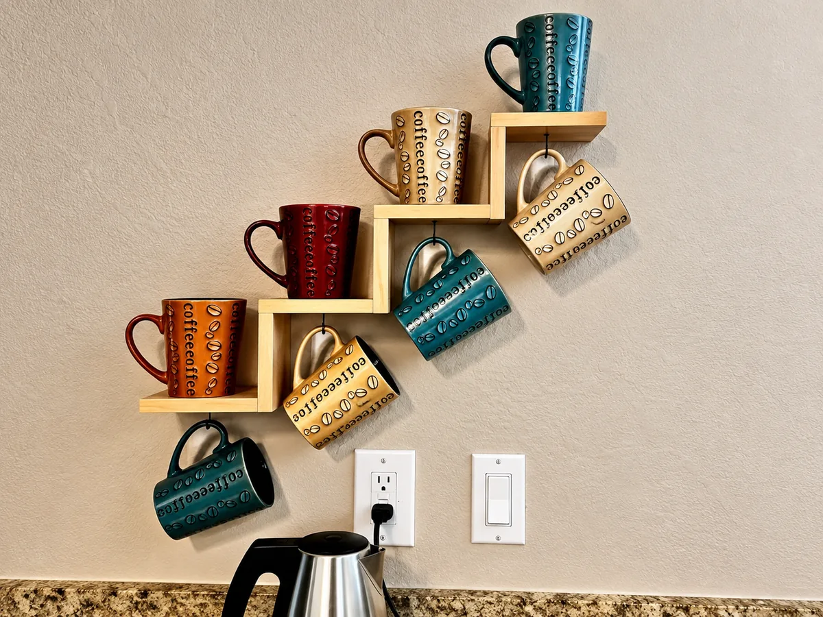 Wall-mounted wooden mug rack displaying colorful coffee mugs